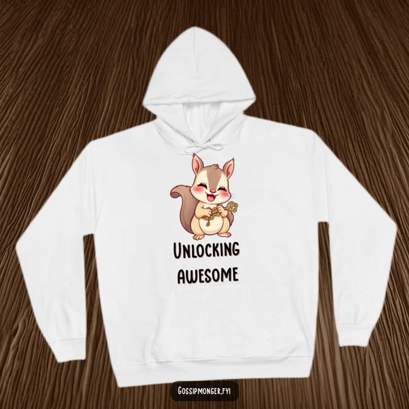 Funny hoodie depicting a mischievous squirrel giggling while holding a tiny, ornate key, designed for warmth and a touch of playful secrecy.