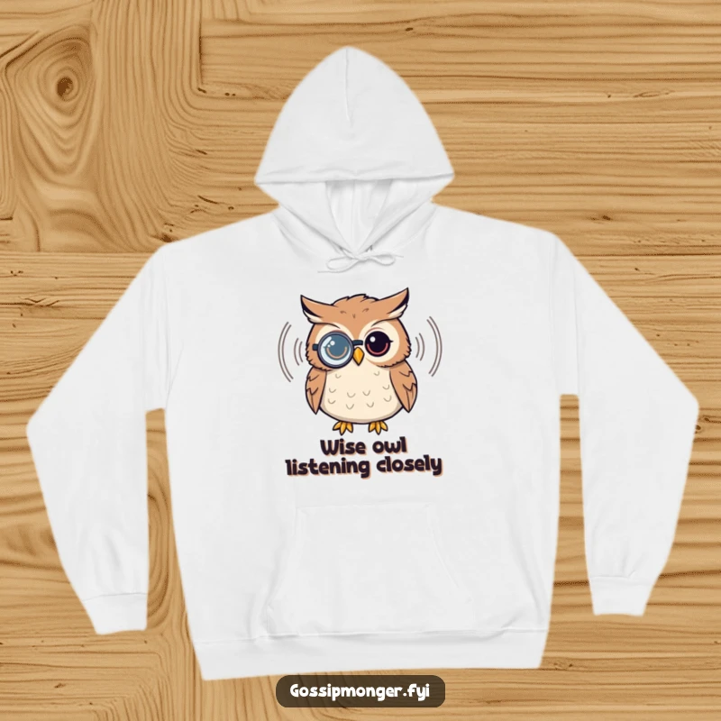 Funny owl hoodie, wearing a monocle, listening to a sound wave, soft fleece, intellectual and cozy design.