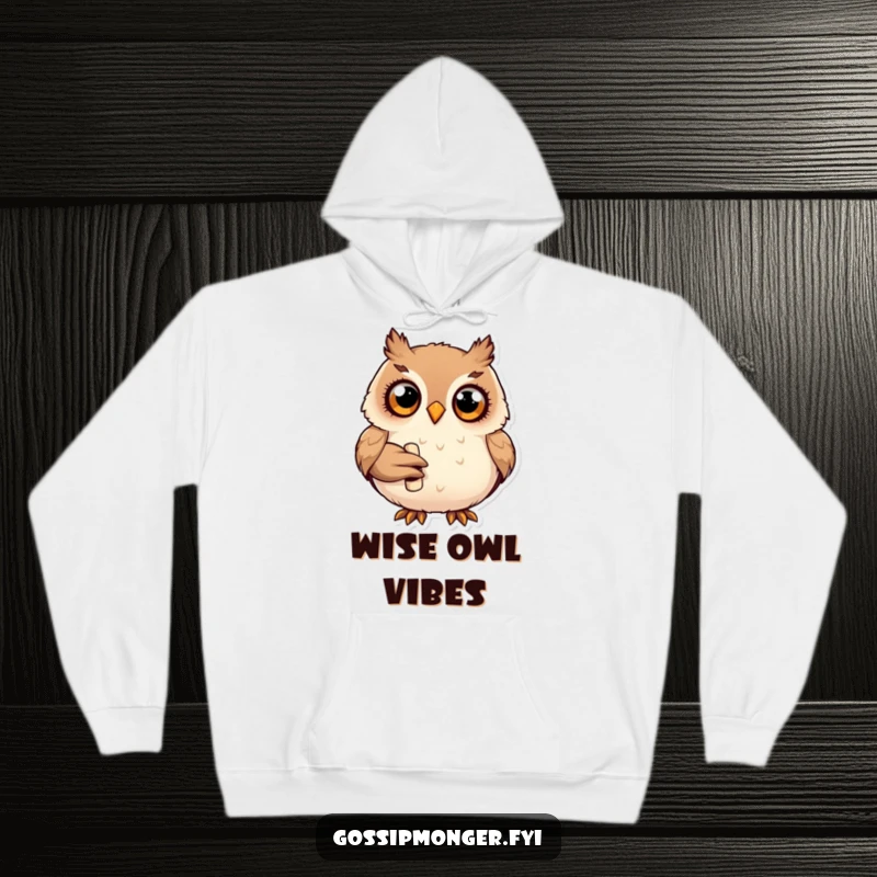 Funny plump happy owl with wide curious eyes, holding a tiny rolled-up scroll, warm and cozy hoodie.