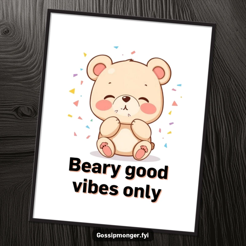 Funny Free Printable Bear Wall Art, a small bear blowing a kiss with confetti raining down, creating a joyful and playful piece.