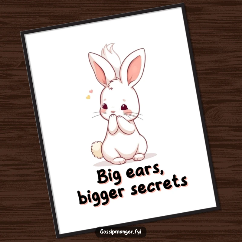 Funny Free Printable Wall Art of a tiny kawaii rabbit whispering secrets into a massive fluffy ear, whimsical decor.