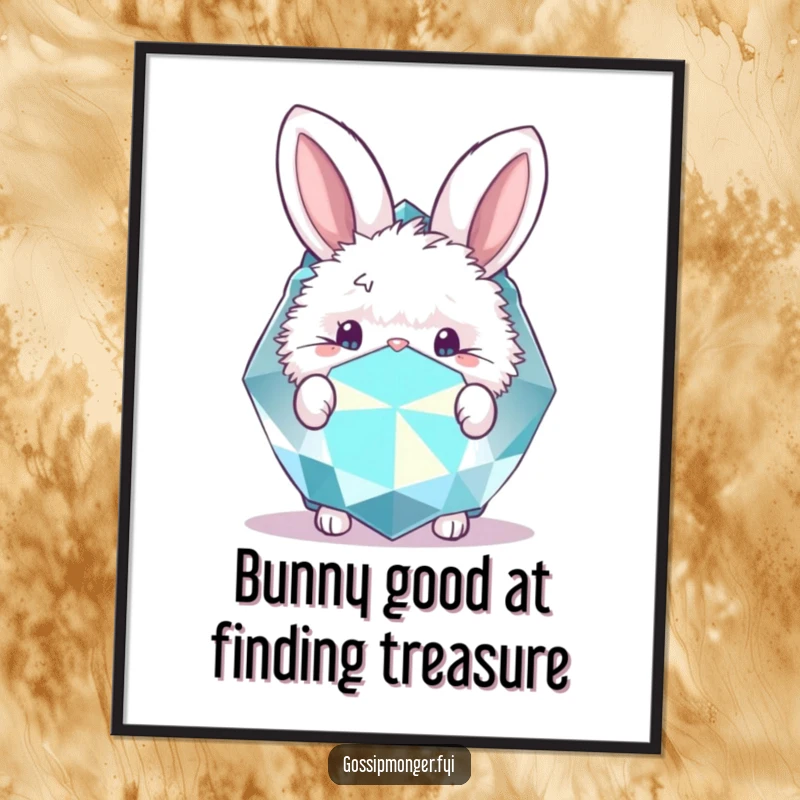 Funny Free Printable Wall Art: A fluffy bunny peeking from behind a giant, dazzling gemstone, creating a magical scene.
