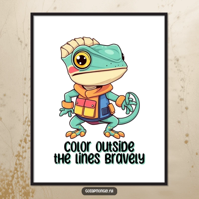 Funny Free Printable Wall Art: A confident chameleon striking a pose in a unique, dazzling, and multi-colored outfit.