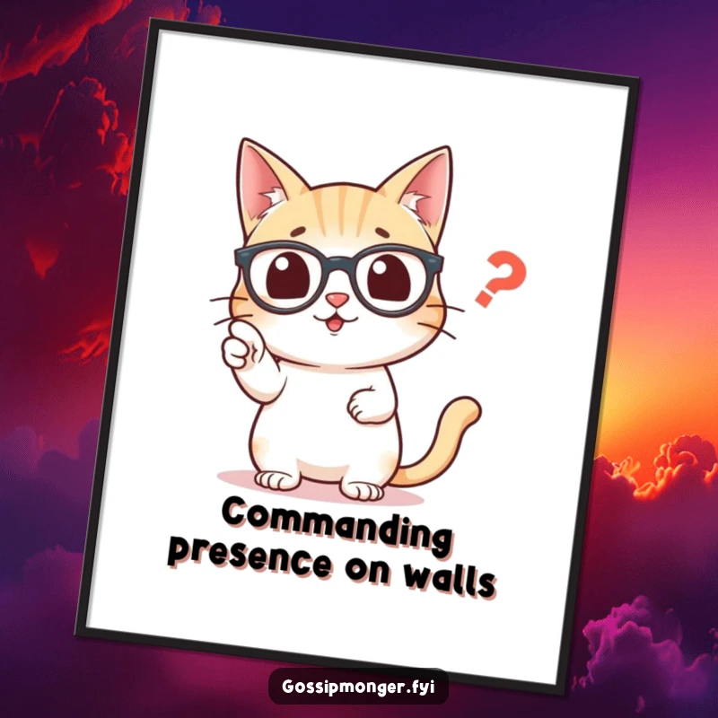 Funny Free Printable Wall Art of a sharp cat in glasses meticulously pointing at a misplaced comma, adding a witty touch.