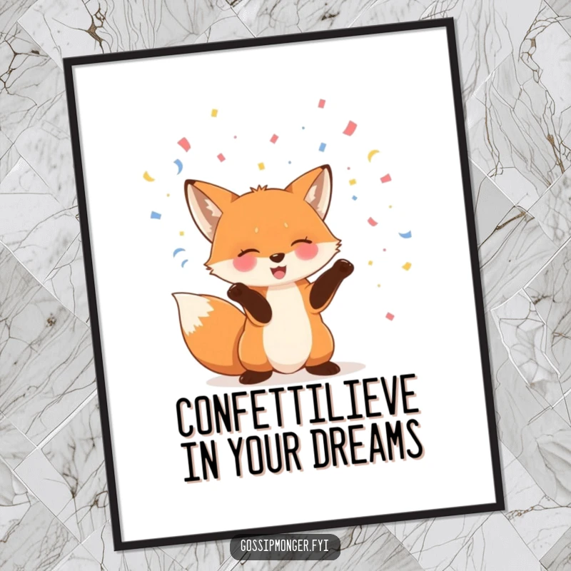 Funny Free Printable Wall Art of a giggling fox playfully tossing confetti, bringing a burst of joy and color to any room.