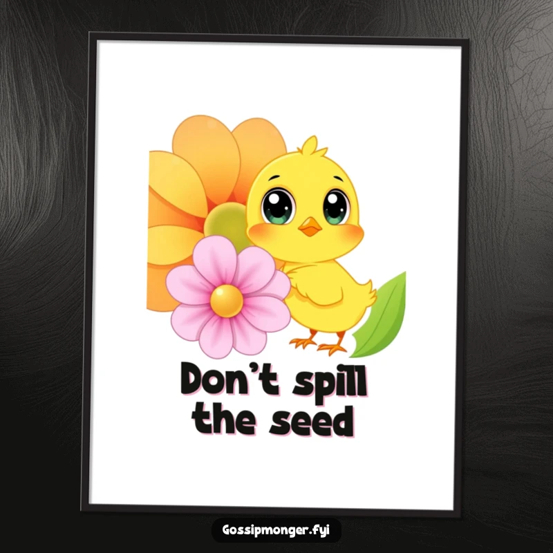 Funny Free Printable Wall Art: A bright yellow chick with oversized eyes whispers secrets into a large, colorful flower, adding whimsy.