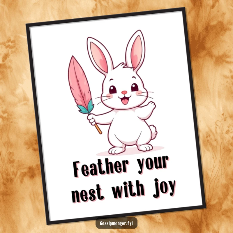 Funny free printable wall art: cheerful bunny holding a huge colorful feather quill, creating artistic and humorous decor.