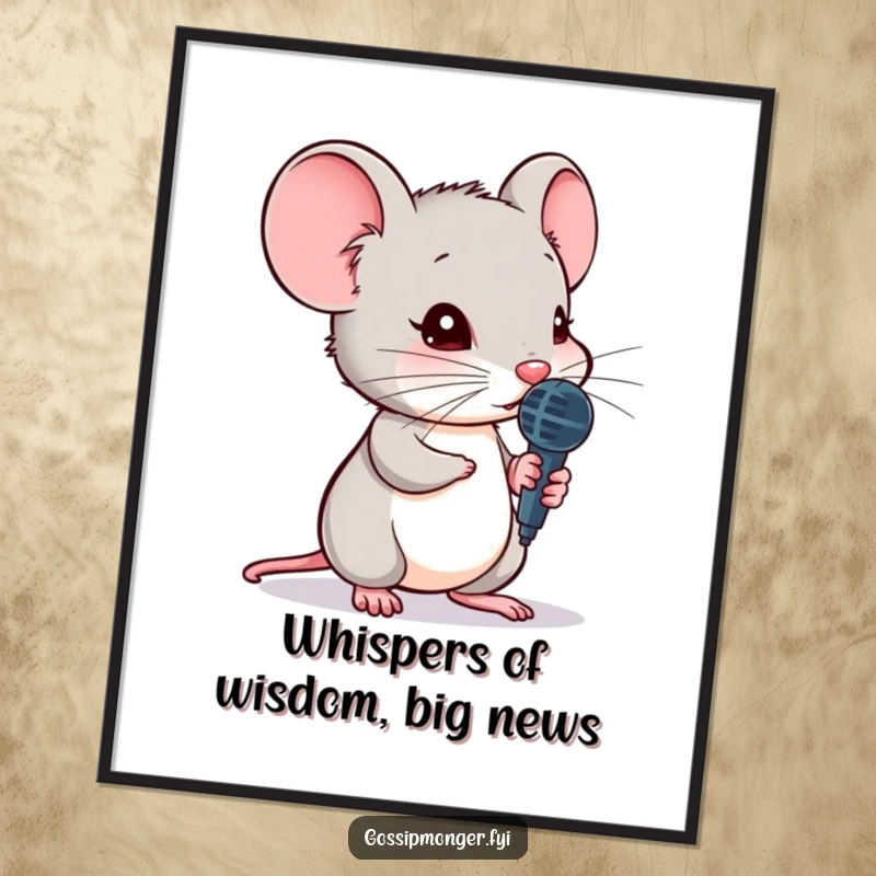 Funny Free Printable Wall Art: A small mouse holds a tiny microphone, leaning in as if to spill a fascinating secret.