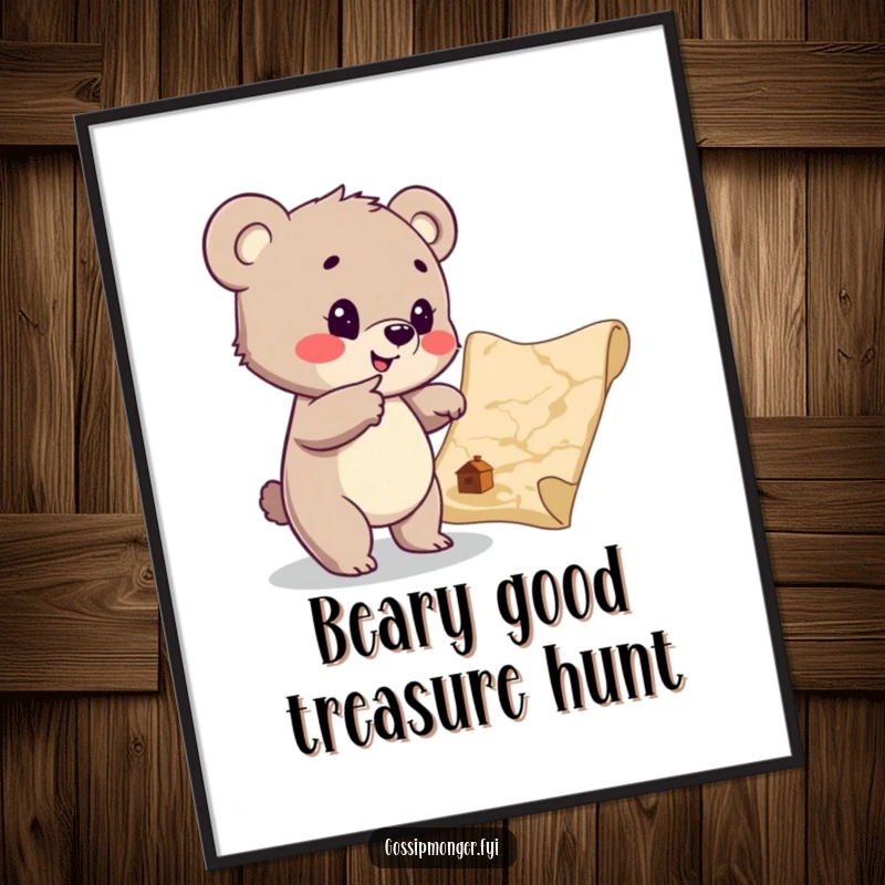 Funny Free Printable Wall Art: A playful bear cub enthusiastically pointing at a hidden treasure map, ready for discovery.