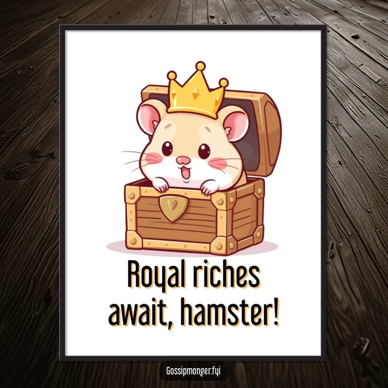 Funny Free Printable Wall Art: Curious hamster in a tiny crown peeking from a treasure chest, a humorous addition to any wall.