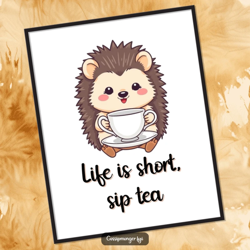 Funny Free Printable Wall Art: A smiling hedgehog holds a delicate tea cup and saucer, exuding gentle charm.