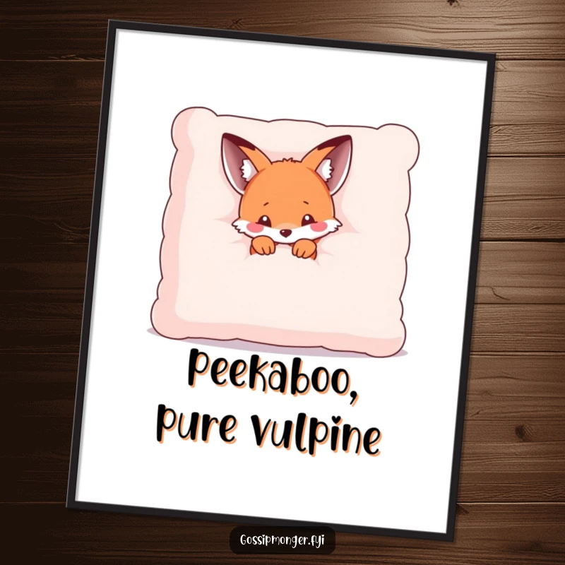 Funny Free Printable Wall Art: A tiny kawaii fox peeking from behind a giant plush pillow, creating a scene of pure cuteness.