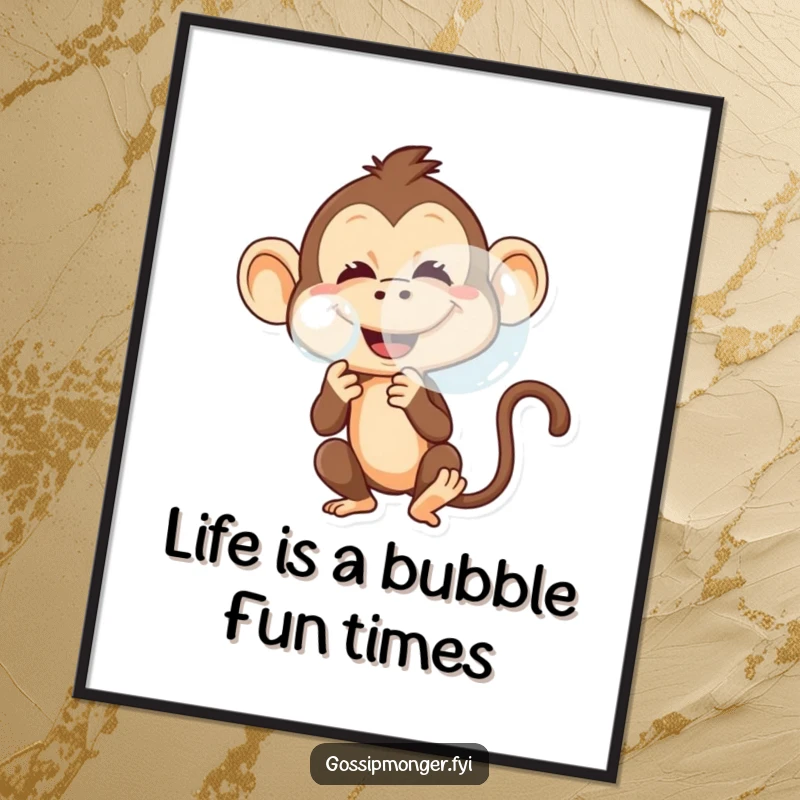 Funny Free Printable Wall Art of a mischievous monkey blowing a giant bubble with a playful grin, a downloadable delight.
