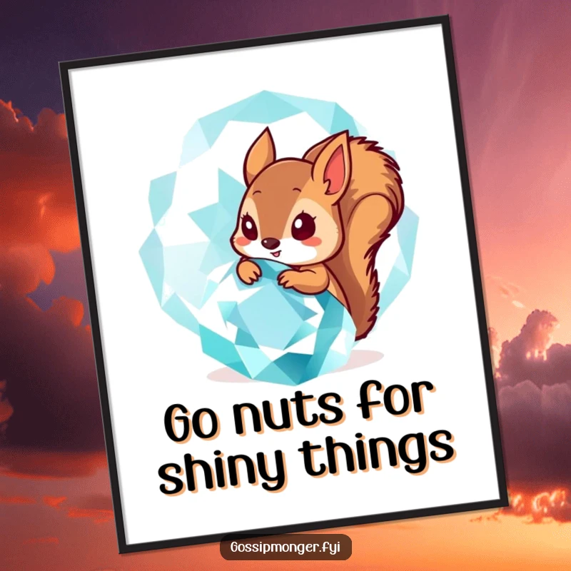 Funny Free Printable Wall Art: Tiny squirrel peeking from behind a giant, sparkling gemstone, whimsical downloadable decor.