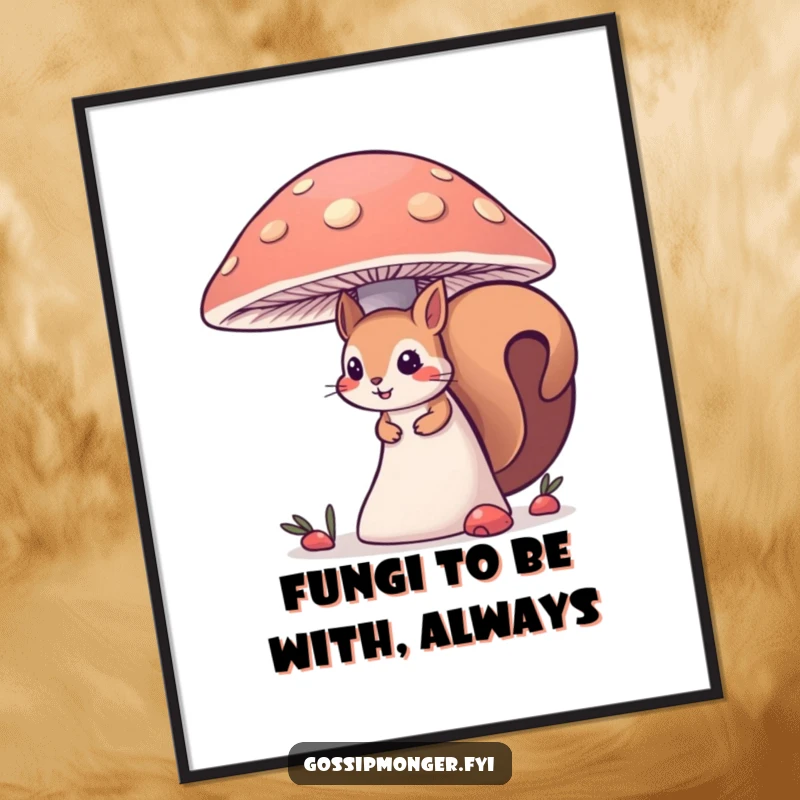 Funny free printable wall art of an inquisitive squirrel peeking from behind a large, colorful mushroom, adding a touch of mystery.