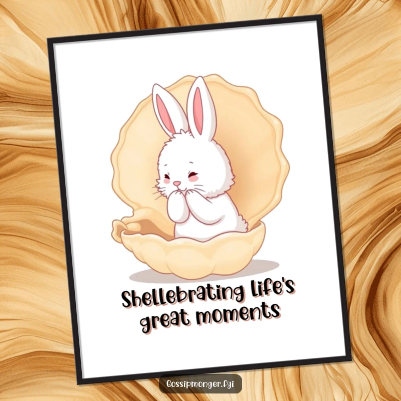 Funny Free Printable Wall Art: A fluffy bunny whispering secrets into a large conch shell, whimsical downloadable decor for humor lovers.