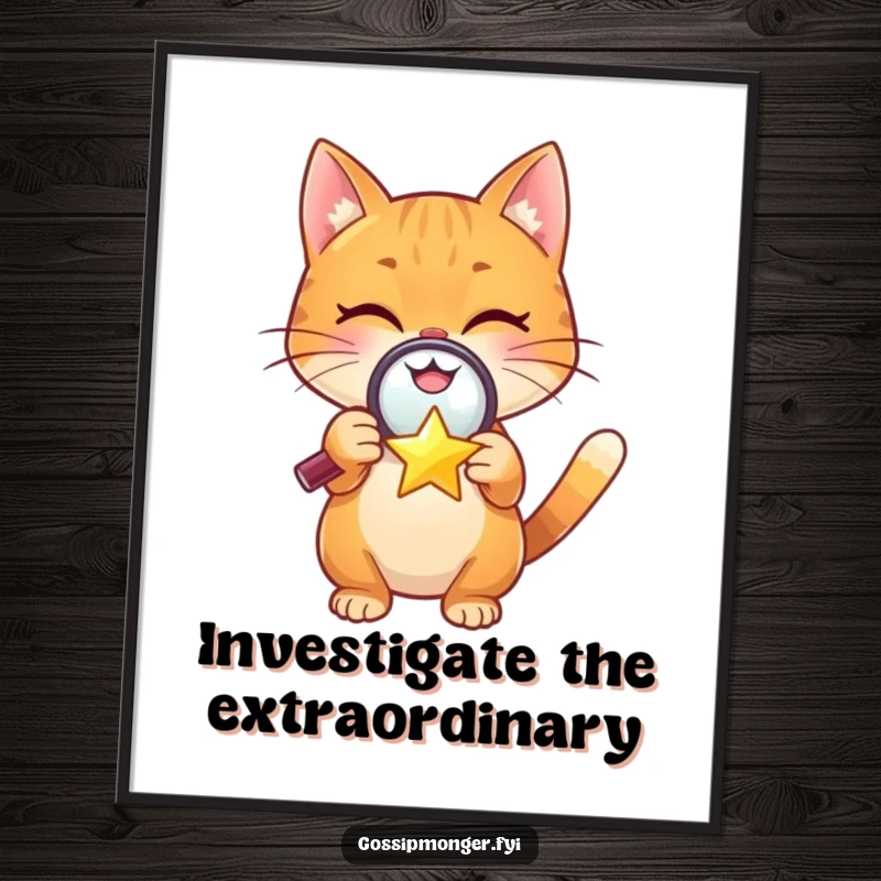 Funny Free Printable Wall Art: A cheerful orange cat peers intently through a magnifying glass at a tiny, winking star.