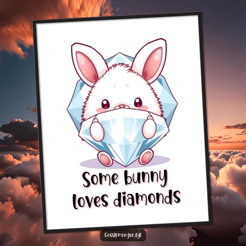 Funny Free Printable Wall Art: A fluffy bunny peeking playfully from behind a colossal, glittering diamond, adding charm and luxury.