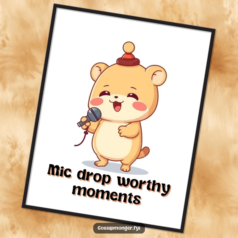 Funny Free Printable Wall Art of a delighted creature in a tiny hat, spinning joyfully with a microphone.