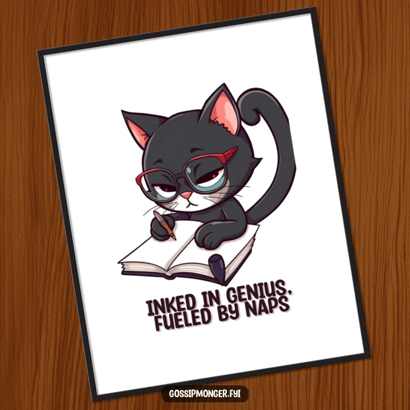Funny Free Printable Wall Art: Black cat in spectacles furiously scribbling notes with a quill, a quirky intellectual vibe.