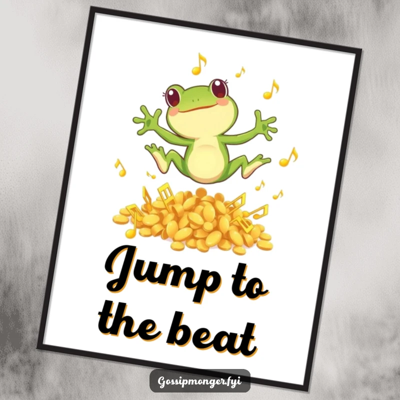 Funny Free Printable Wall Art: A small green frog leaps with joy from a vibrant pile of golden musical notes.