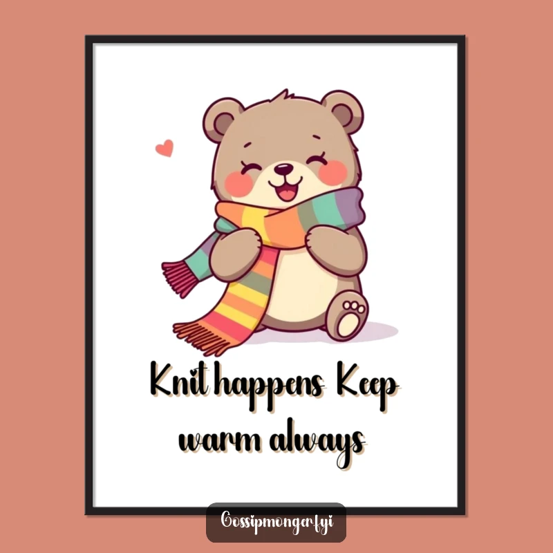 Free Printable Wall Art: Joyous Bear Knitting Colorful Scarf, Downloadable Decor