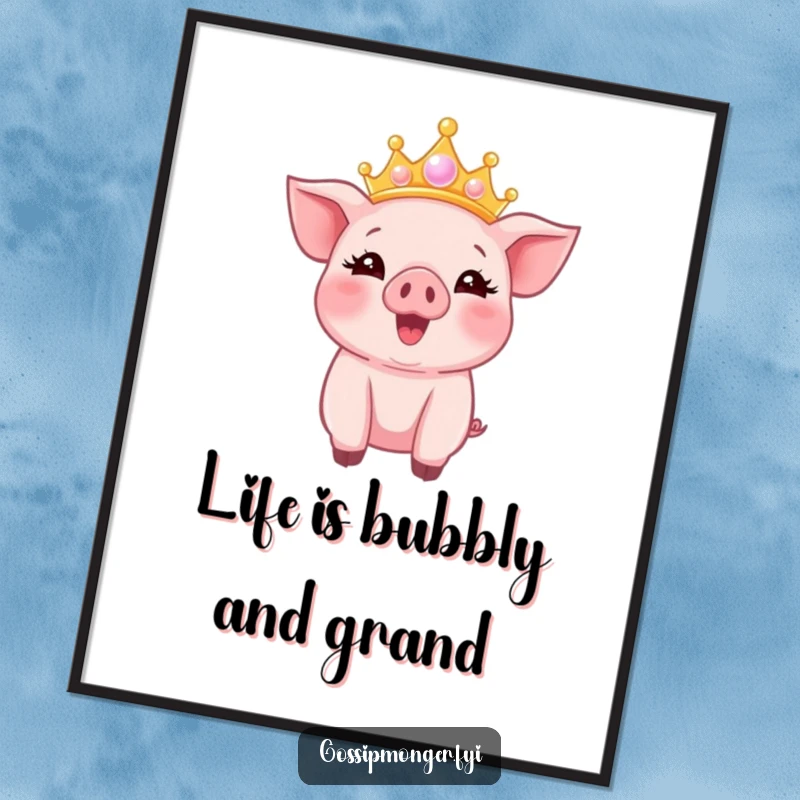 Funny Free Printable Wall Art: A happy pink piglet delights in a crown crafted from shimmering, iridescent bubbles.