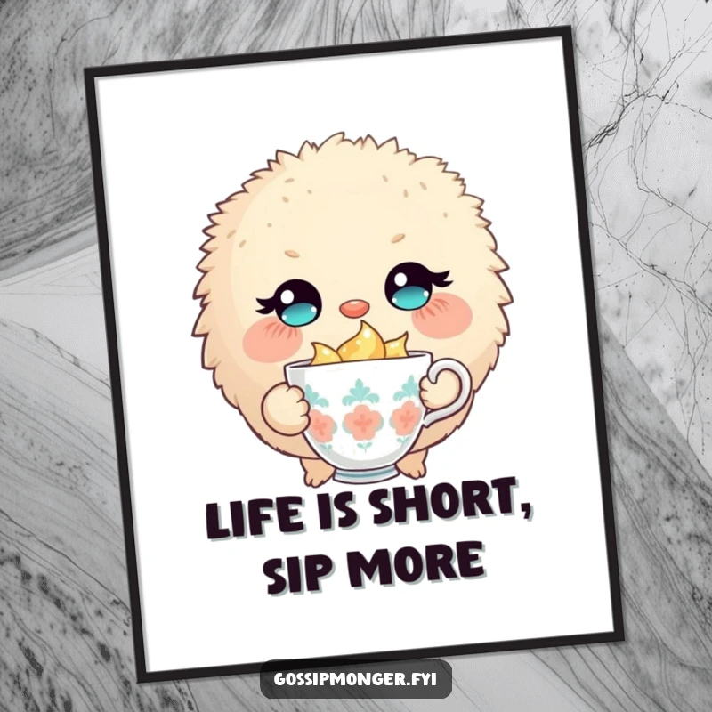 Funny Free Printable Wall Art: A round, fluffy creature with large, sparkling eyes winks slyly holding a tiny, overflowing teacup.