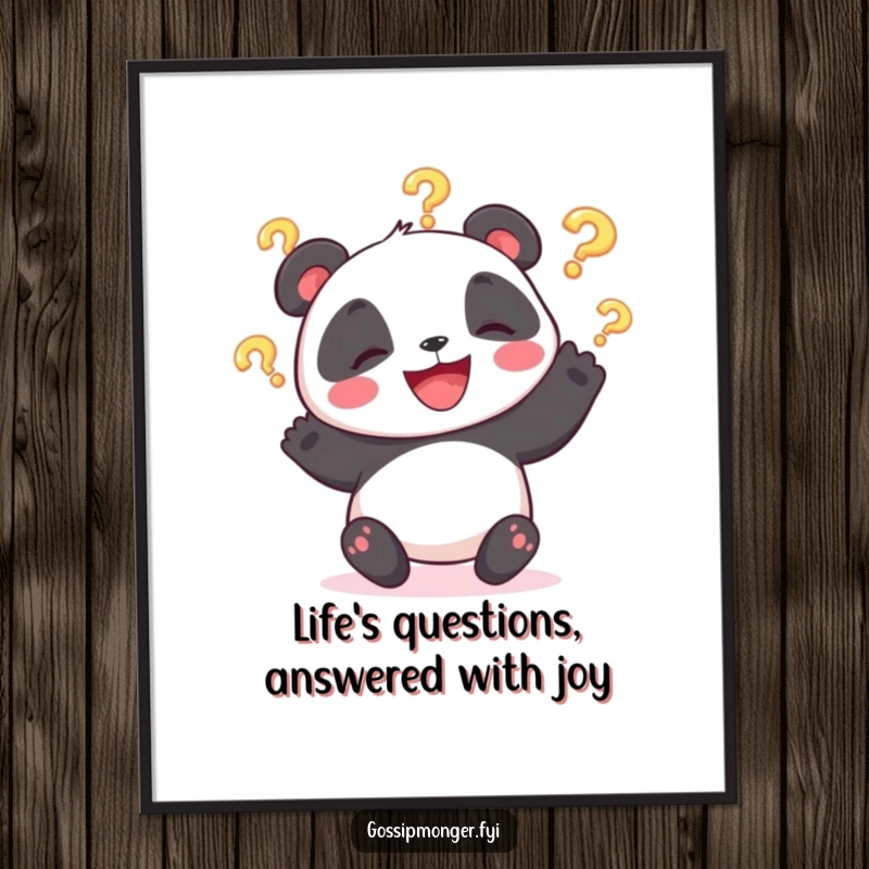 Funny Free Printable Wall Art: A giggling panda bear entertains with three glowing question marks, captured in a moment of pure joy.