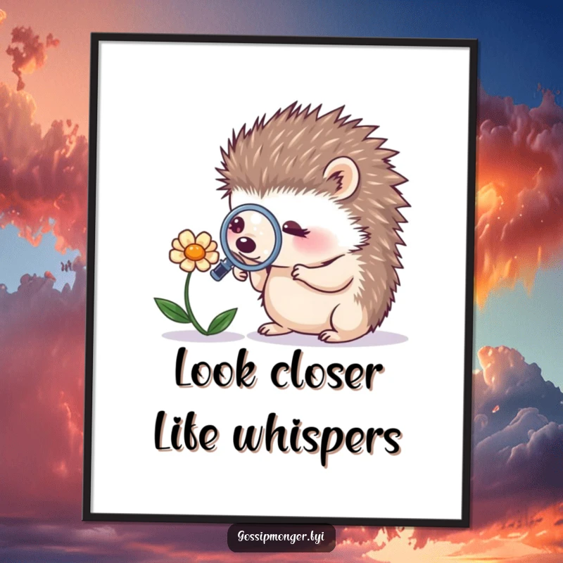 Funny Free Printable Wall Art: A tiny, curious hedgehog holding a magnifying glass, looking closely at a whispering flower.