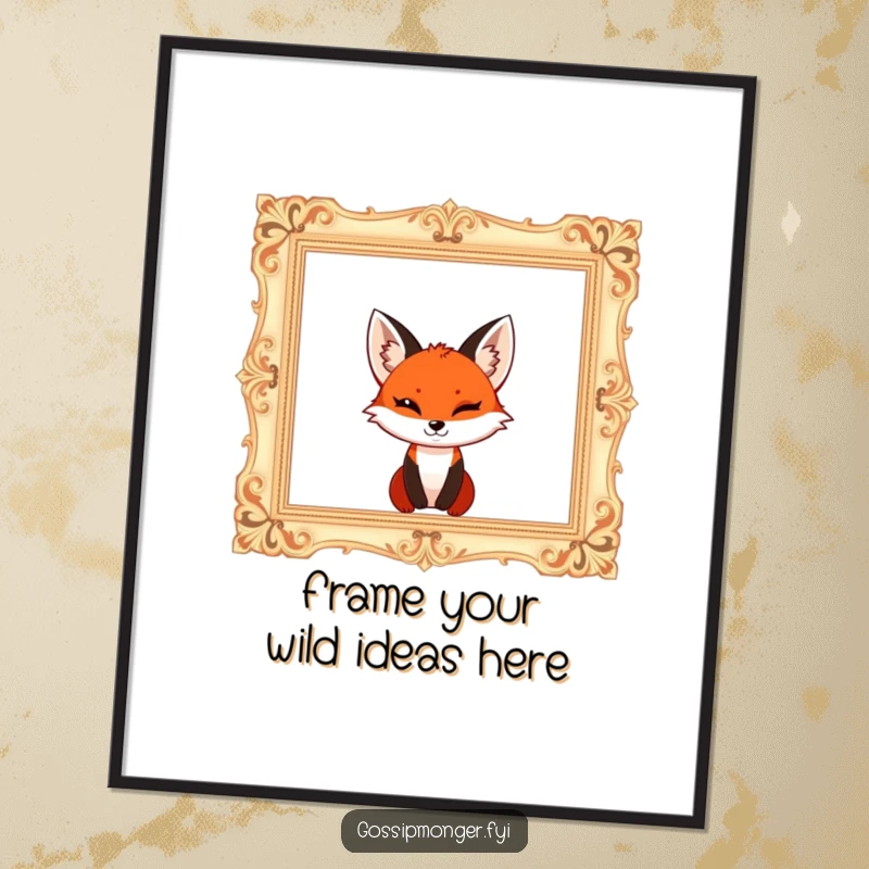 Funny Free Printable Wall Art: Cheerful red fox with a mischievous wink emerging from a grand, empty picture frame.