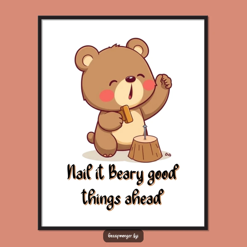 Free Printable Wall Art: Funny Determined Bear Hammering Nail, Downloadable Decor
