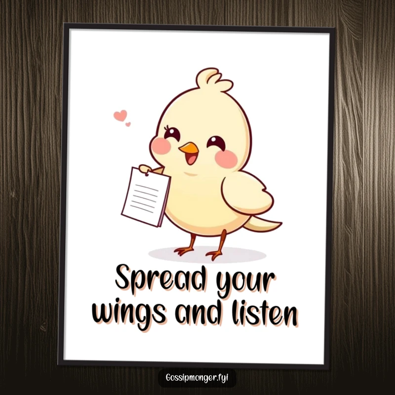 Funny free printable wall art of a cheerful bird carrying a small note, appearing to share delightful secrets or gossip.