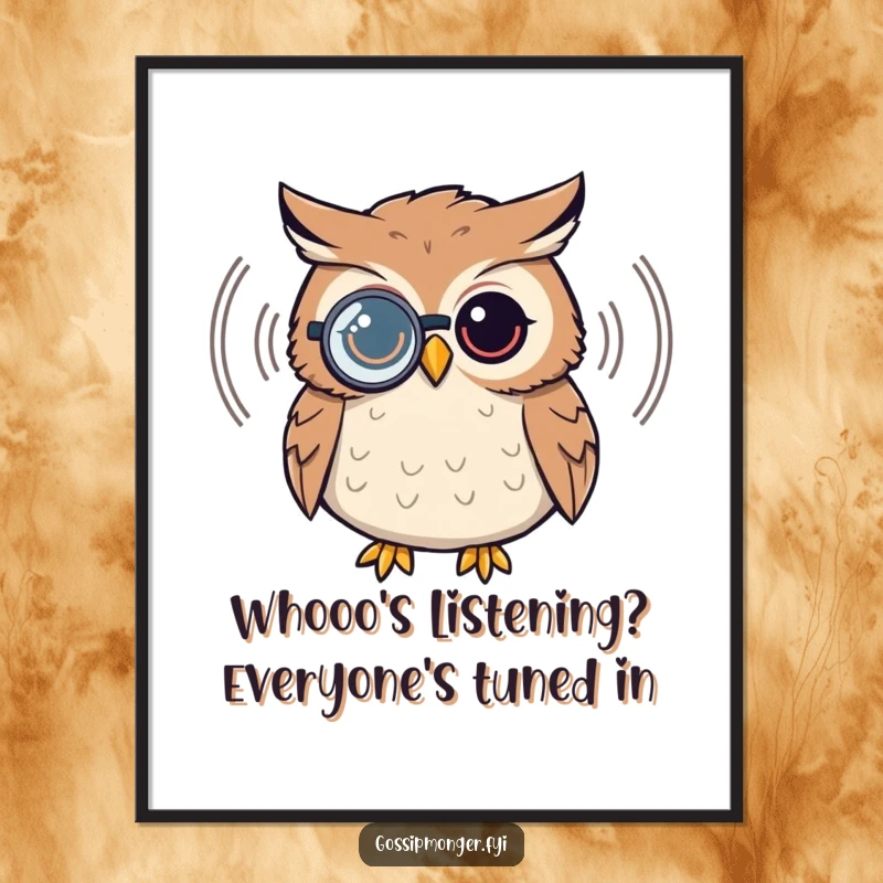 Funny Free Printable Wall Art: A distinguished owl wearing a monocle intently listens to a sound wave, creating intriguing decor.