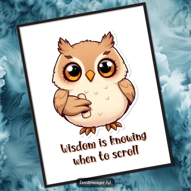 Funny Free Printable Wall Art: Plump owl with wide eyes holding a tiny rolled scroll, exuding curiosity and wisdom.