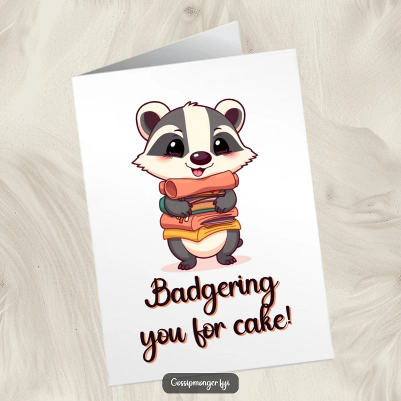 Funny free printable birthday card: a cheerful badger balances scrolls filled with colorful gossip, ready to celebrate.