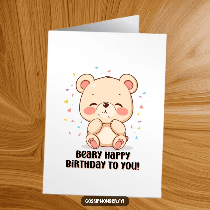 Funny Free Printable Bear Birthday Card, a small bear expertly blowing a kiss amidst a shower of colorful confetti, spreading joy.