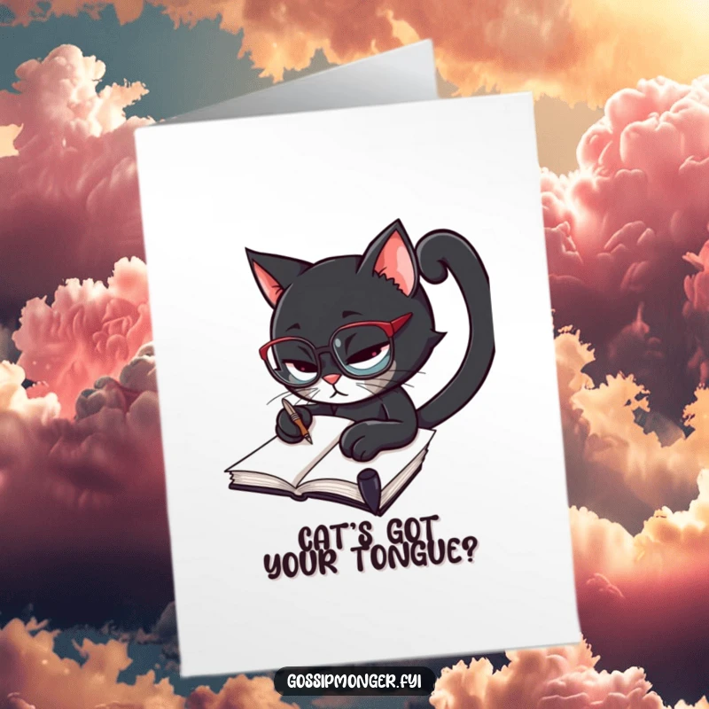 Funny Free Printable Birthday Card: Black cat in spectacles furiously writing in a notebook, a scholarly yet comical scene.