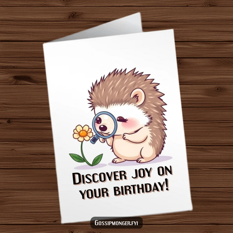 Funny Free Printable Birthday Card: A tiny, curious hedgehog peering through a magnifying glass at a flower, ready to celebrate.