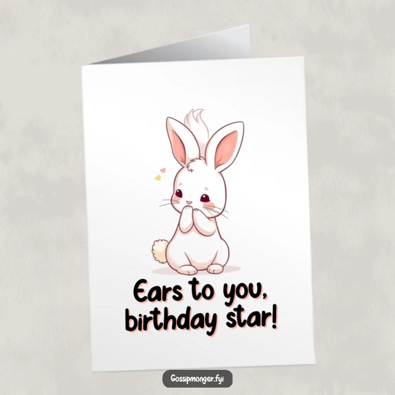 Funny Free Printable Birthday Card featuring a tiny kawaii rabbit whispering secrets into a giant fluffy ear, perfect for a giggle.