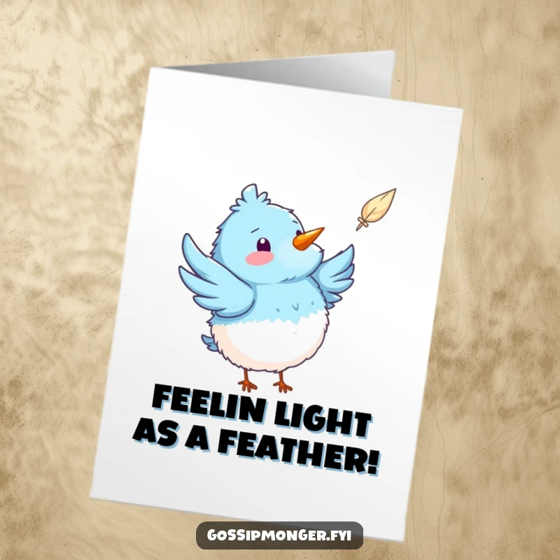 Funny Free Printable Birthday Card: A fluffy blue bird excitedly points at a drifting feather, celebrating.