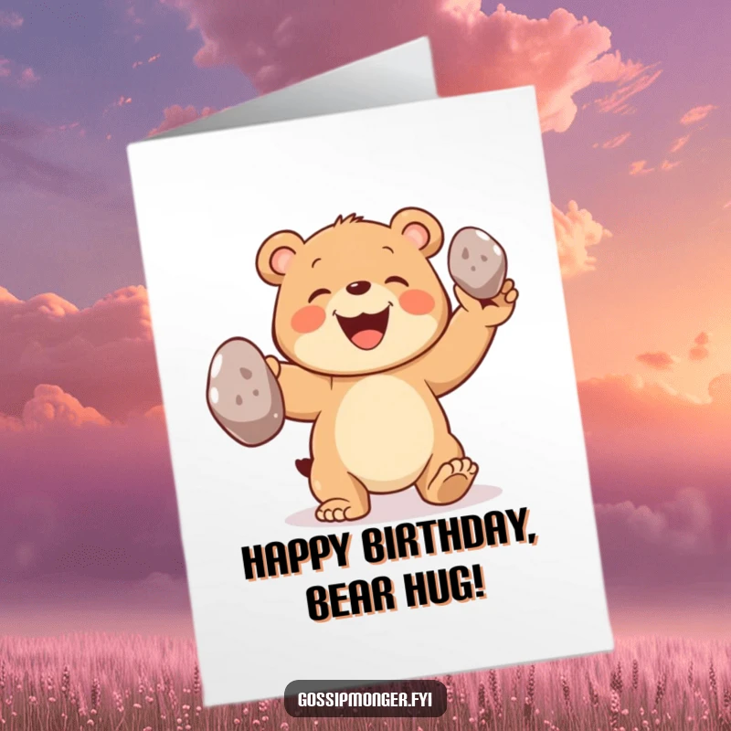 Funny Free Printable Birthday Card: A joyful bear cub grinning while juggling three oversized shiny pebbles, celebrating a special day.