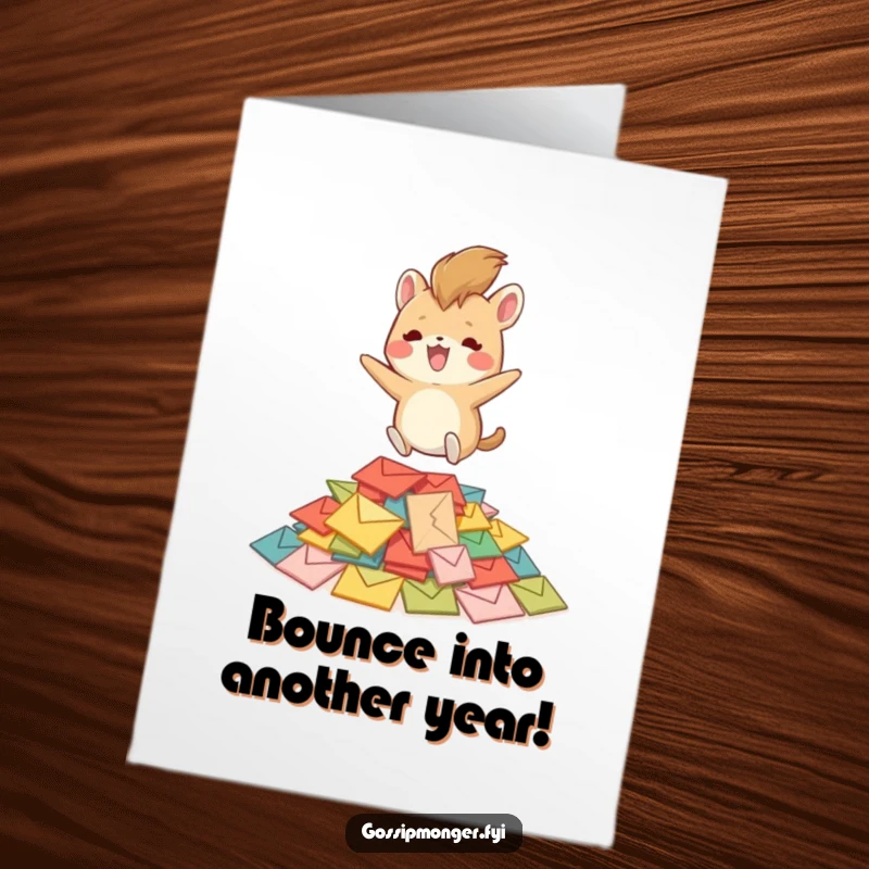 Funny Free Printable Birthday Card: A delighted creature with a bushy tail bounces joyfully on tiny colorful envelopes.