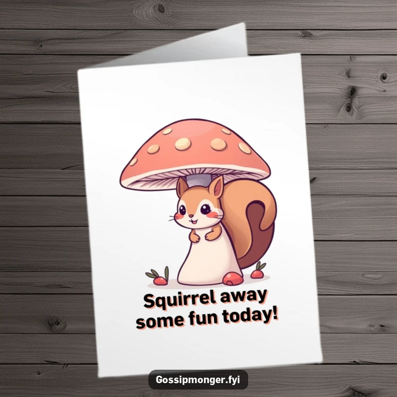 Funny free printable birthday card showing a curious squirrel peeking from behind a giant mushroom, with mischievous eyes.