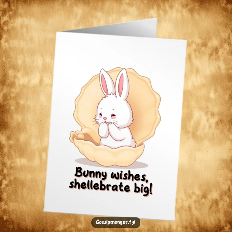 Funny Free Printable Birthday Card: Fluffy bunny whispering secrets into a conch shell, perfect for a unique DIY greeting.
