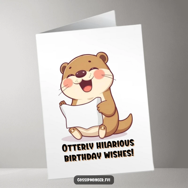 Funny Free Printable Birthday Card: Cheerful otter giggling uncontrollably holding a crinkled piece of paper, ready for a laugh.