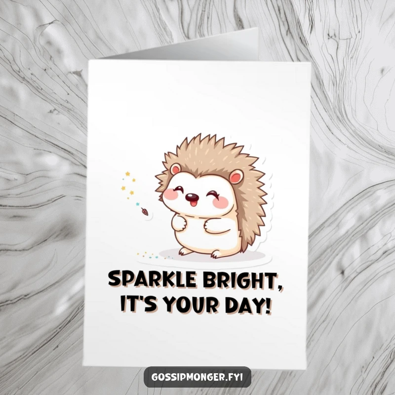 Funny Free Printable Birthday Card: Happy hedgehog leaving a glitter trail with a quill, wishing a sparkly birthday.