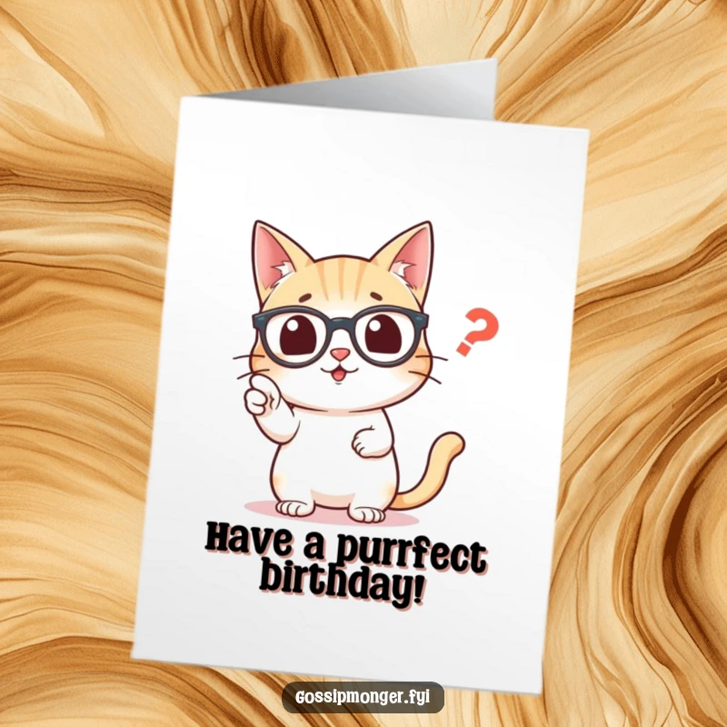 Funny Free Printable Birthday Card featuring a cat in glasses excitedly pointing at a misplaced comma, adding a witty touch.