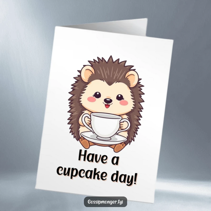 Funny Free Printable Birthday Card: A smiling hedgehog enjoys a delicate cup of tea, ready for birthday cheers.
