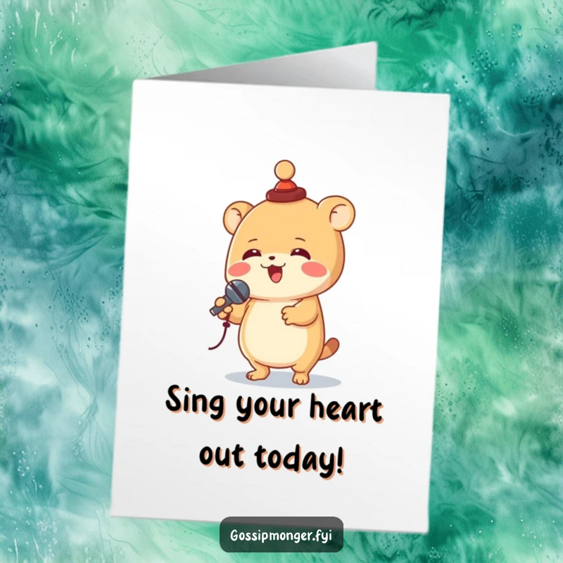 Funny Free Printable Birthday Card: A delighted creature in a tiny hat joyfully spins with a microphone.